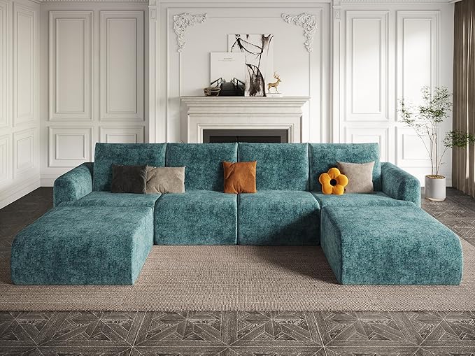 EASE MOOSE Boneless Modular Cloud Couch, Oversized U-Shaped Sectional Sofa for Living Room with Ottoman, Extra Large Movable Couches, 6-Deep-Seat Sofas for Bedroom, Apartment, Chenille (Blue)