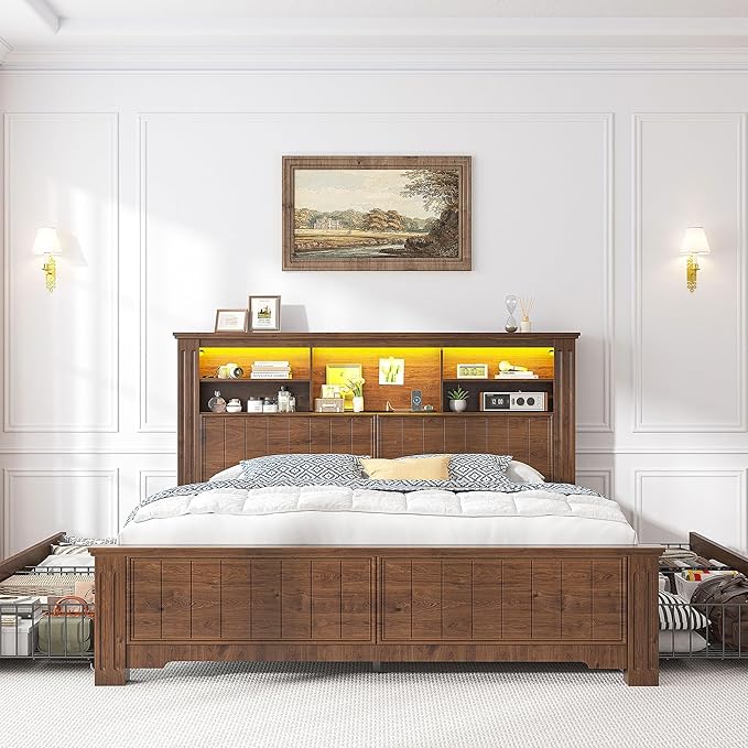 EnHomee Full Size Bed Frame with Headboard and Storage, 4 Drawers and LED Built in Charging Station Full Bed Frame with Storage Farmhouse, NO Noise,No Box Spring Needed,Brown