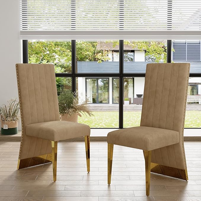 AUZ Dining Chairs with Nail Head Trim, Modern Velvet Upholstered Dining Room Chairs in Lovely Color with Polished Gold Stainless Steel Legs, Set of 2