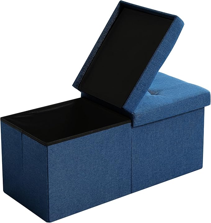 CUYOCA Storage Ottoman Bench Foldable Seat Footrest Shoe Bench End of Bed Storage with Flipping Lid, 75L Storage Space, 30 inches Linen Fabric Dark Blue