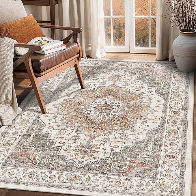 4x6 Area Rug for Bedroom Machine Washable Low Pile Vintage Distressed Rugs Stain Resistant Faux Wool Rug Ultra Soft Non-Slip Area Rugs for Living Room, Playroom, Kitchen,Home Office