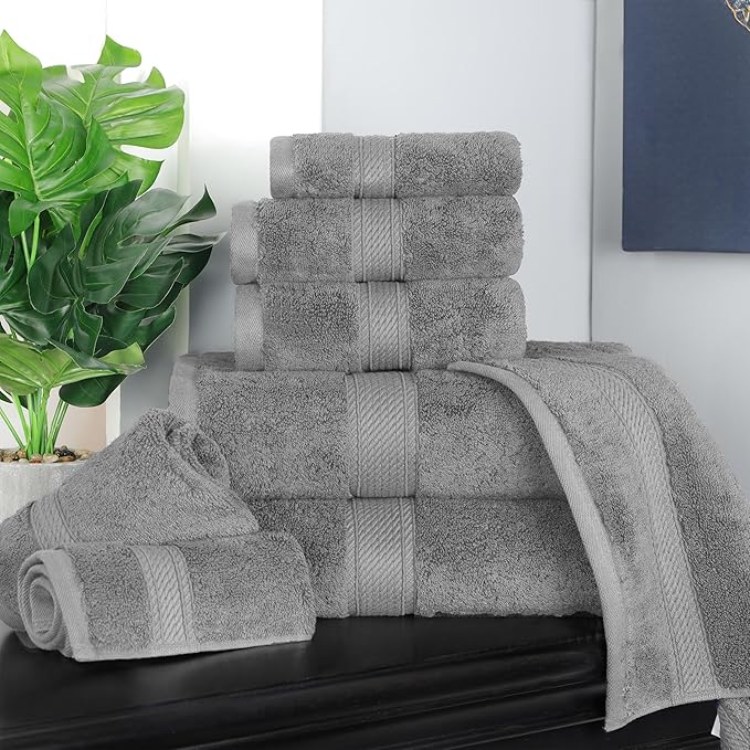 Superior Egyptian Cotton Pile 8 Piece Towel Set, Includes 2 Bath, 2 Hand, 4 Face Towels/Washcloths, Ultra Soft Luxury Towels, Thick Plush Essentials, Guest Bath, Spa, Hotel Bathroom, Charcoal