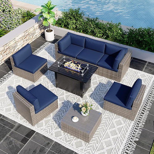 8 Pieces Outdoor Patio Furniture Set with 43" Fire Pit Table, Wicker Outdoor Patio Sectional Sofas with Cushions and Coffee Table, All-Weather Patio Conversation Set for Garden Backyard, Navy Blue