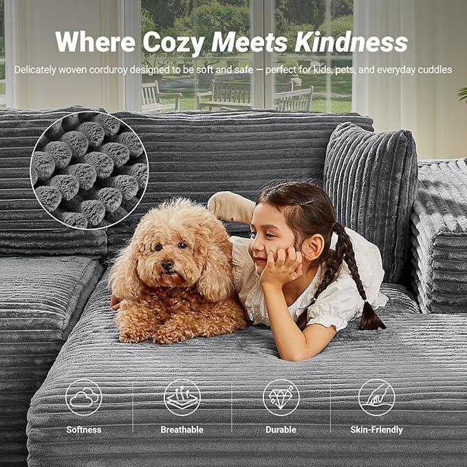 108" Boneless Couch, Cloud Couch Modular Sectional Sofa with Deeper Seat, L-Shaped Sofa with 4 Storage Pockets, Comfy Corduroy Couches for Living Room (Right Facing Chaise, Grey)