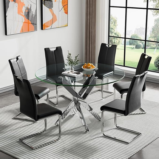 Goujxcy Round Dining Table Set for 6, Modern Glass Kitchen Table and Chairs Set of 6, 7 Piece Dining Room Table Set with 47" Circle Silver Metal Glass Dinner Tables and 6 Black Leather Dining Chairs
