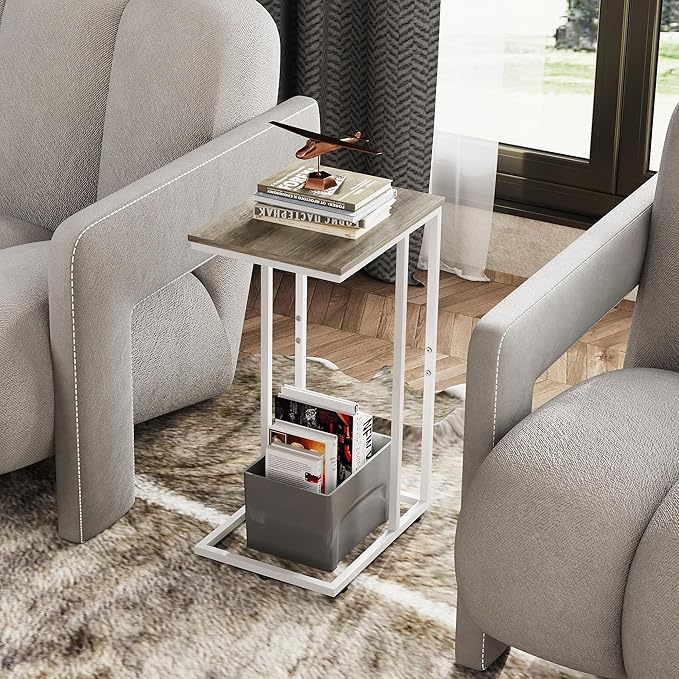 WLIVE Side Table, C Shaped End Table for Couch, Sofa and Bed, Large Desktop C Table for Living Room, Bedroom, Bedside, Creamy Greige