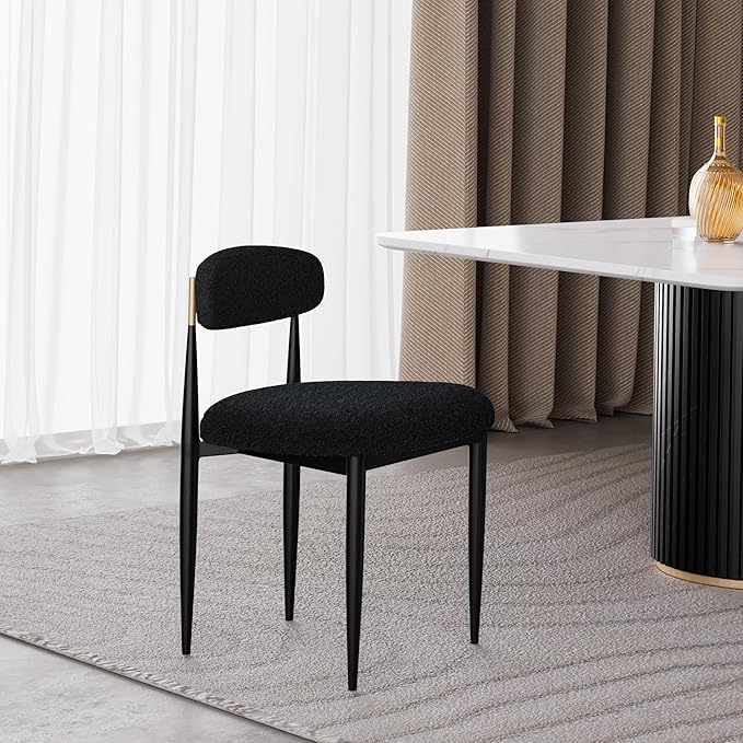 Morden Fort Black Dining Chairs Set of 4, Boucle Upholstered Chairs with Curved Backrest and Metal Frame for Dining Room, Kitchen, Apartment