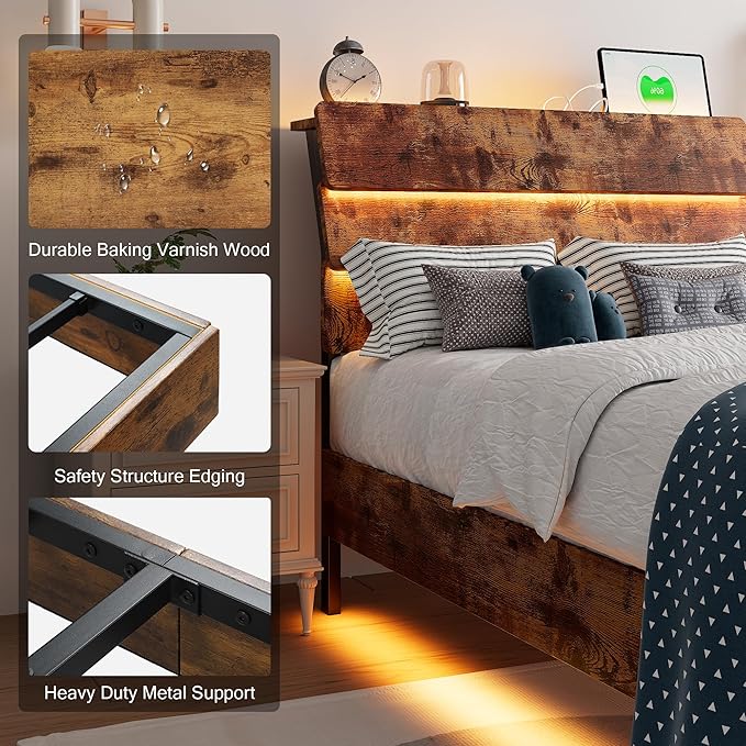 Floating Bed Frame Twin Size with Led Headboard and Charging Station, Metal Platform Bed Base with Storage, Remote Control, Heavy Slats Support, No Box Spring Needed, Noise Free, Vintage Brown