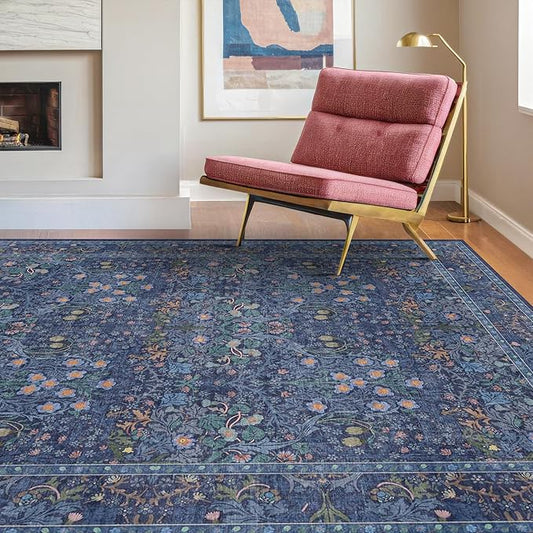 Dining Room Rugs for Under Table - 6x9 Washable Dark Blue Oriental Area Rug for Living Room, Low Pile Non-Slip Floor Carpet for Bedroom - Vintage Navy Design & Stain Resistance