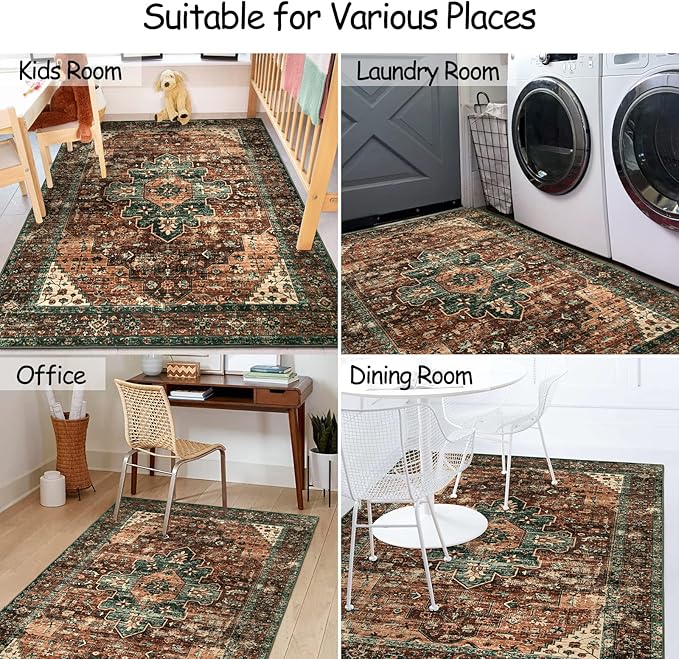 Moynesa Ultra-Thin Washable Vintage Area Rug - 4x6 Living Room Rug for Bedroom Office, Non-Shed Non Slip Oriental Laundry Bathroom Mat Indoor Accent Floor Carpet for Entrance Kitchen Mudroom