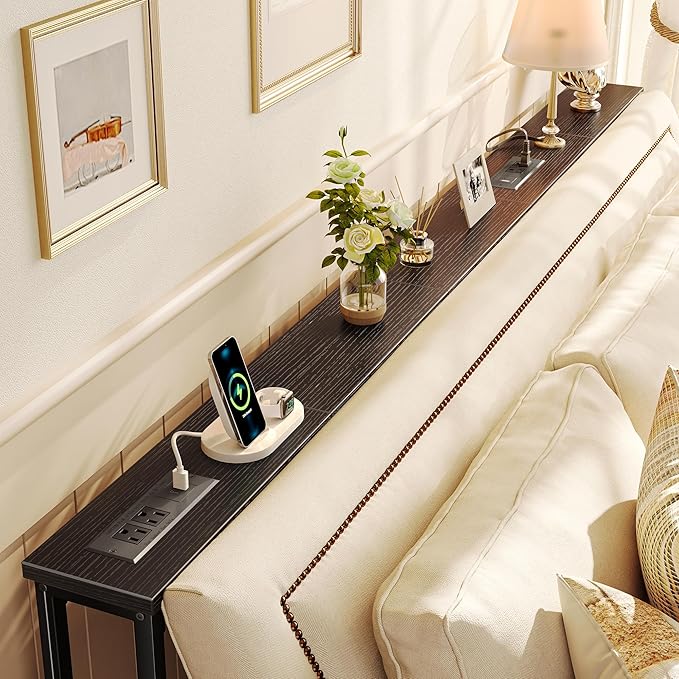 SUPERJARE 79 Inch Sofa Table with 2 Power Outlets and USB-C Ports, 5.9 Inch Narrow Console Table with Storage, Long Entryway Hallway Couch Table Behind Sofa, Small Spaces, Living Room, Black