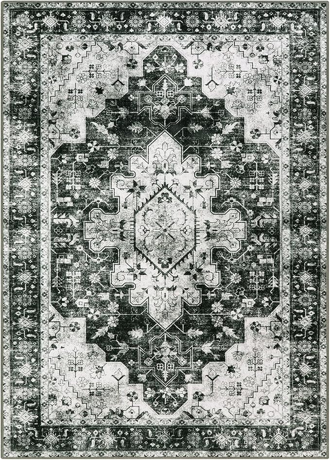 Moynesa Ultra-Thin Washable Vintage Area Rug - 3x5 Boho Entryway Rug Oriental Medallion Living Room Mat Non-Slip Non-Shedding Stain Resistant Indoor Accent Carpet for Kitchen Bedroom, Black/White
