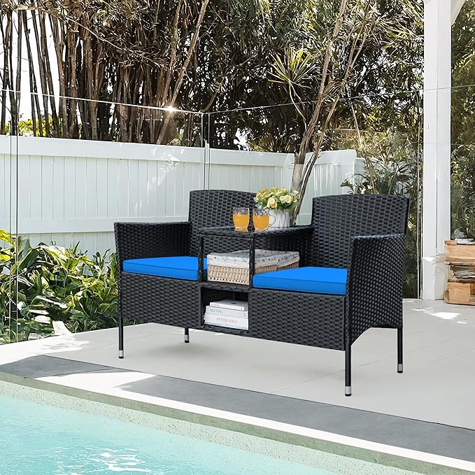 Greesum Patio Loveseat Outdoor Wicker Furniture Conversation Set with Soft Cushions & Built-in Coffee Table for Lawn Garden Backyard, Blue