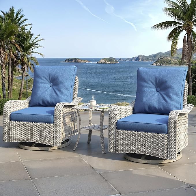 3 Piece Outdoor Wicker Patio Furniture Set,High Back Swivel Rocker Patio Chairs with 4" Thickened Cushions & Side Table, All-Weather PE Rattan for Garden, Backyard, Porch, Blue