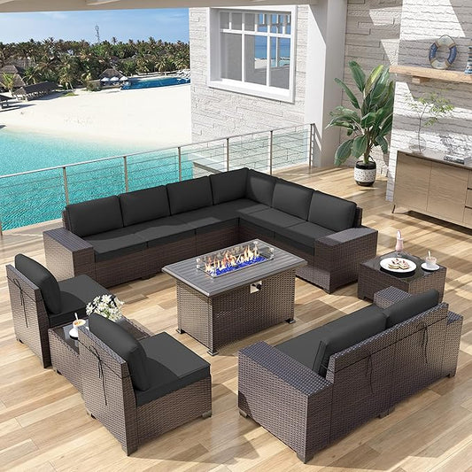 Kurapika 13 Pieces Patio Furniture Set, Rattan Wicker Outdoor Conversation Sets w/43in Propane Fire Pit Table(Black)