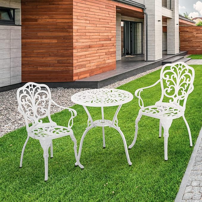 Patio Bistro Sets 3 Piece,Cast Aluminum Bistro Table and Chairs Set of 2 with 1.97" Umbrella Hole,All Weather Bistro Table Set Outdoor Patio Furniture for Garden,Yard(Butterfly White)