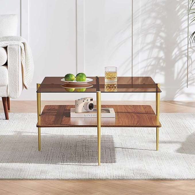 Square Coffee Table, Mid-Century Modern Design, L30 x W30 x H17 Inch, for Living Room, 2-Tier Structure, Amber Glass Top and Walnut Wood Shelf, Sleek Conical Metal Legs with Gold Finish