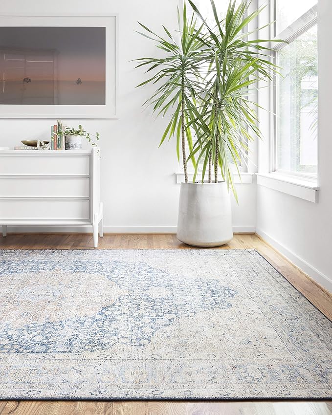 Loloi Layla Collection LAY-07 Blue/Tangerine 2'-3" x 3'-9" .13" Thick Accent Rug, Soft, Durable, Vintage Inspired, Distressed, Low Pile, Non-Shedding, Easy Clean, Printed, Living Room Rug