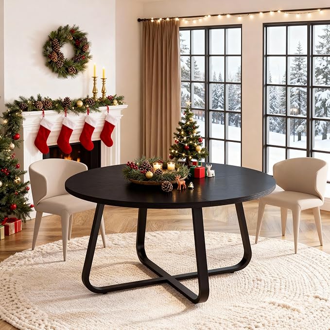 LVB 51 Inch Black Round Dining Table, Modern Wood Metal Kitchen Table, Industrial Small Dinner Room for 4 to 6 People, Circle Coffee Dining Room for Home Kitchen Living Room, Black Oak