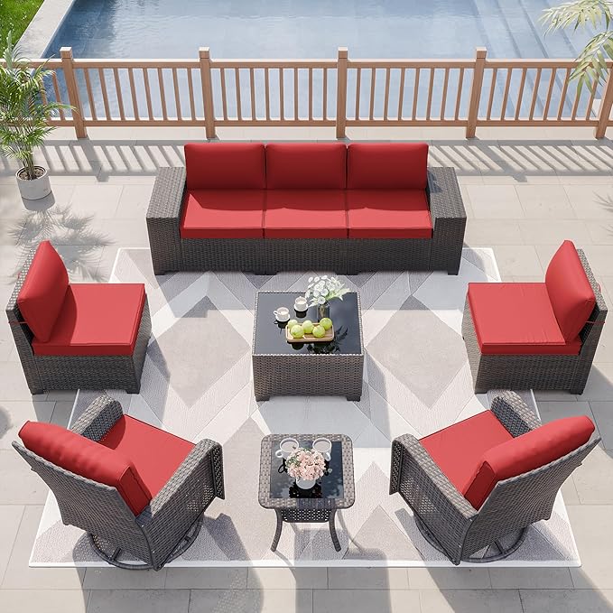 Kurapika 9 Pieces Patio Furniture Set, Rattan Wicker Sofa Set, Outdoor Conversation Sets w/Swivel Rocking Chairs Patio Sectional Sofa w/4 Inch Cushion, Red