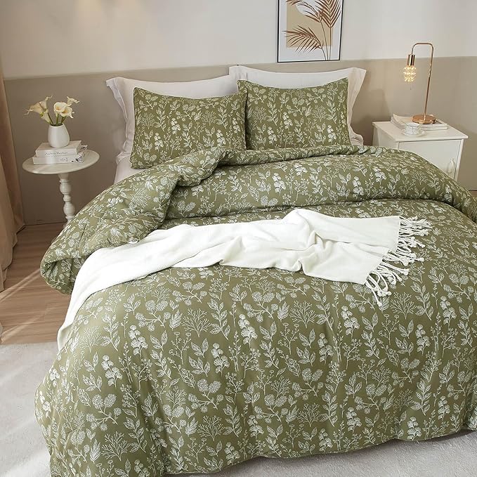 EAVD Fresh Botanical Floral Comforter Set King Dark Olive Green Soft Microfiber Chic Cute Garden Floral Bedding Comforter Set 1 King Comforter and 2 Pillowcases Botanical Comforter for All-Season