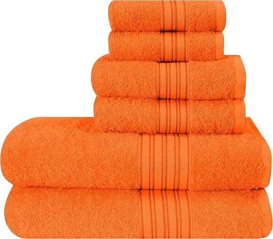 BOUTIQUO 6 Pack Cotton Towel Set, Contains 2 Bath Towels 28x55 inch, 2 Hand Towels 16x24 inch & 2 Wash Coths 12x12 inch, Ideal Everyday use, Ultra Soft Compact & Lightweight - Orange