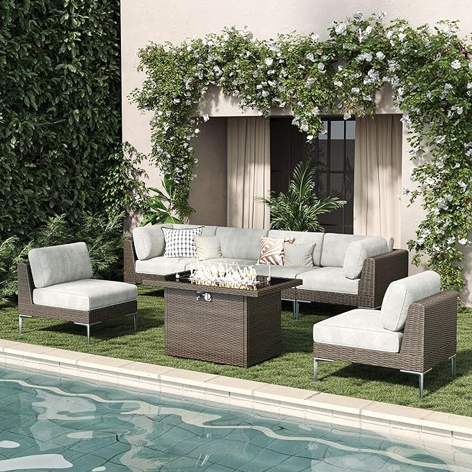 LayinSun 7-Piece Outdoor Modular Wicker Sectional Sofa with Fire Pit Table, Patio Furniture Conversation Set with Deep Seating and Thick Cushions