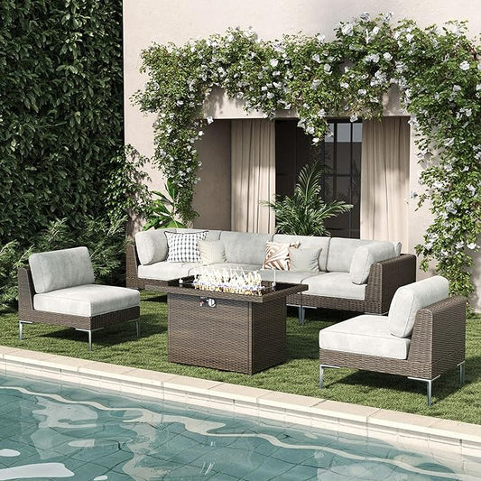 LayinSun 7-Piece Outdoor Modular Wicker Sectional Sofa with Fire Pit Table, Patio Furniture Conversation Set with Deep Seating and Thick Cushions