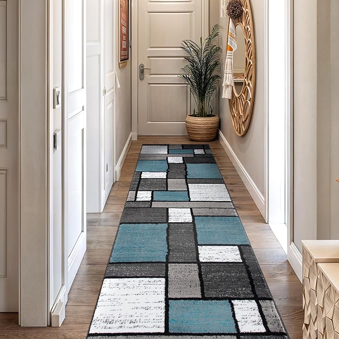 Rugshop Contemporary Modern Boxes for Home Office,Living Room,Bedroom,Kitchen Non Shedding Runner Rug 2' x 7'2" Blue/Gray