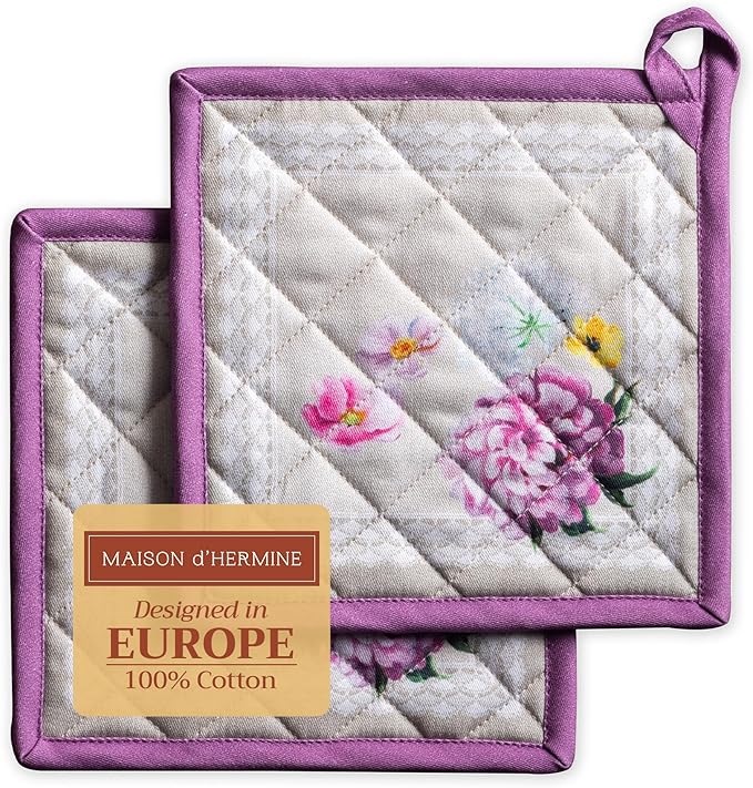 Maison d' Hermine Pot Holders Set 100% Cotton Heat Resistant Potholders 8" x 8" Hot Pads with Loop BBQ, Cooking, Baking, Grilling, Kitchen, Handling Hot Pans Spring/Summer (Pack of 2, Pivoine)