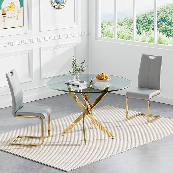 Goujxcy 3 Pieces Round Dining Table Set for 2, Modern Gold Glass Kitchen Table and Chairs for 2 with Upholstered Chairs, Circle Coffee Dining Table Set for Small Space,Apartment,Office