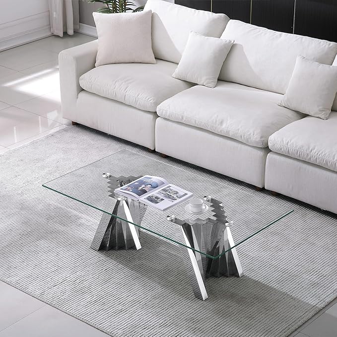 Goujxcy Modern Glass Coffee Table 51" Silver Center Table with Tempered Glass Top and Mirror Finish Stainless Steel Legs, Luxury Rectangular Coffee Table for Living Room Apartment (Silver)