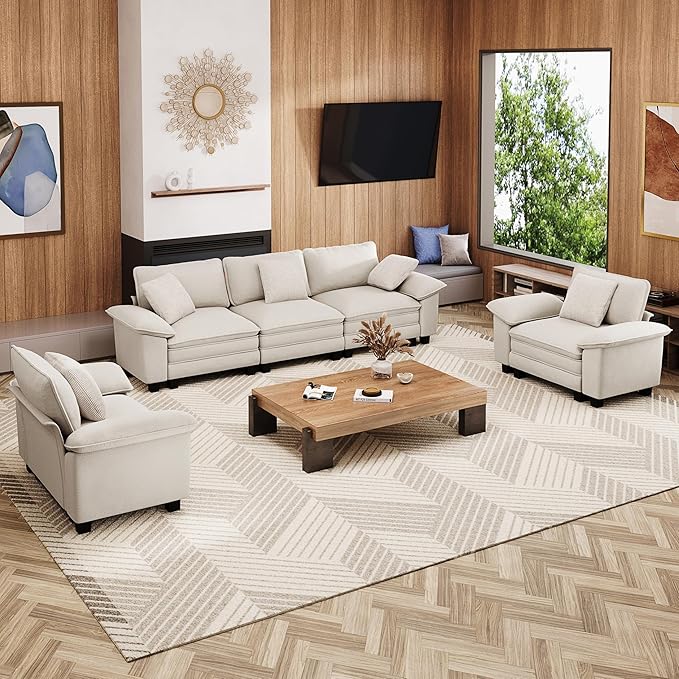 Cloud Couch Sectional Sofa Set, Plush 24.4-Inch Deep 5-Seat Sectional with Velvety Chenille & Removable Arms for Living Room and Apartment, Beige