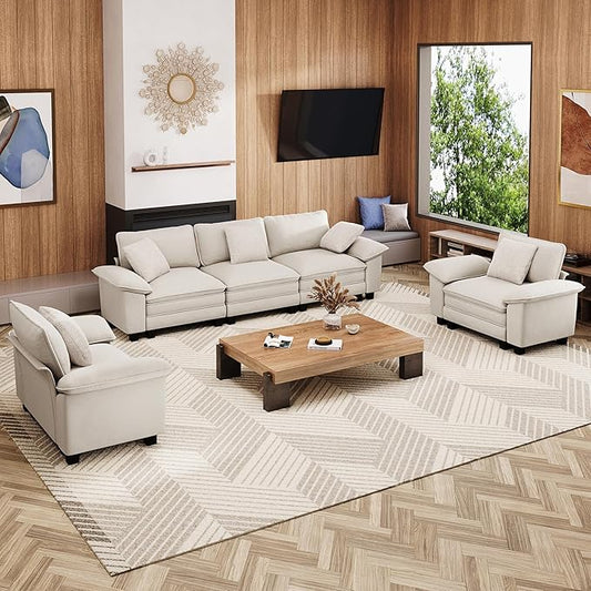 Cloud Couch Sectional Sofa Set, Plush 24.4-Inch Deep 5-Seat Sectional with Velvety Chenille & Removable Arms for Living Room and Apartment, Beige