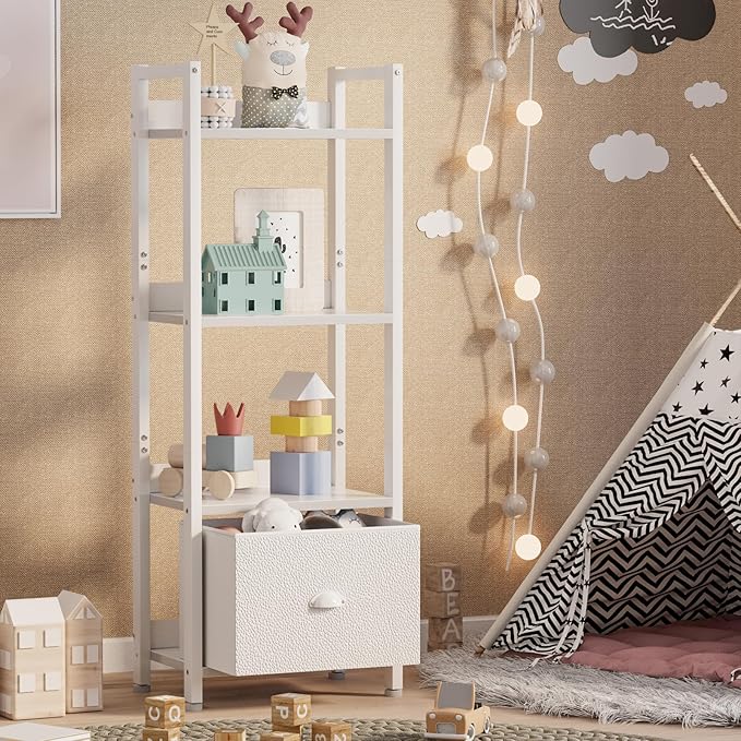 Furologee White 4 Tier Bookshelf with Drawer, Small Narrow Bookcase with Shelves, Modern Free Standing Shelf Unit, Wood and Metal Display Storage Shelves Organizer for Bedroom, Living Room, Entryway