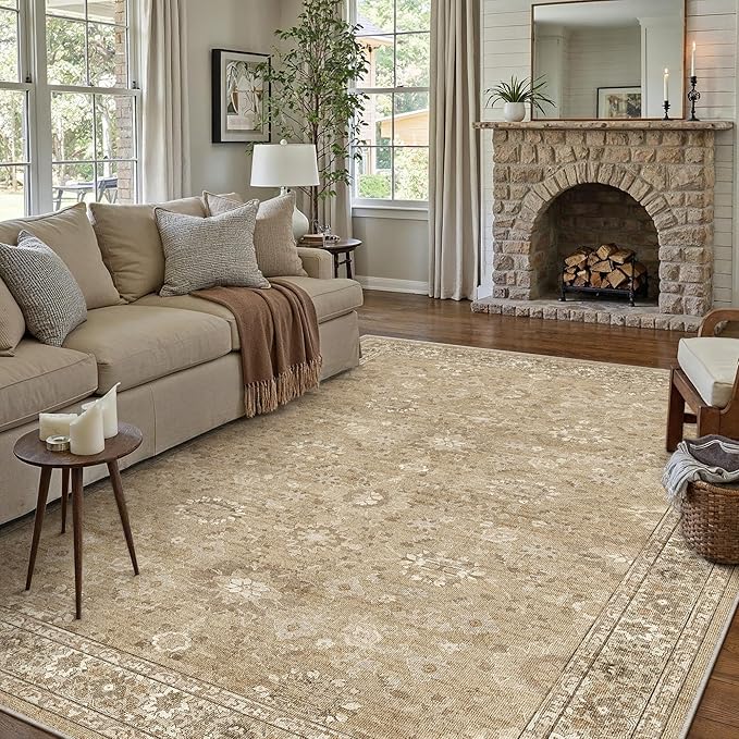 8x10 Brown Area Rug Non Slip Large Vintage Living Room Distressed Machine Washable Retro Carpet Indoor Bedroom Traditional Floral Accent Throw Rug for Office Kitchen Dorm Dining Room