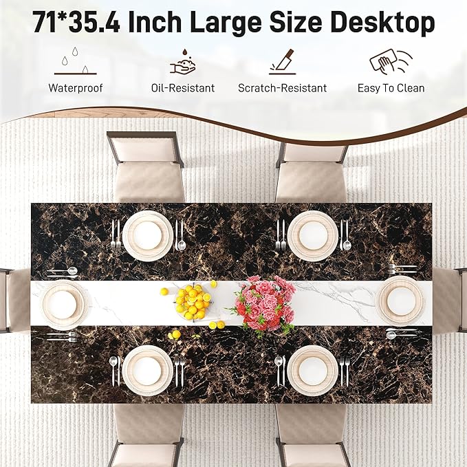 71 inch Dining Table for 4 5 6 | Modern Black Rectangular Kitchen Table W/Waterproof Wood Tabletop,Farmhouse Long Dining Room Tables W/Adjustable Legs&Wood Strip Base for Kitchen Living Room