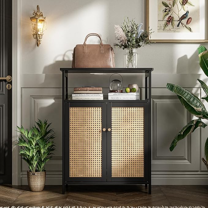 Bamboo Floor Rattan Cabinet, Bathroom Storage Organizer Rack with 2 Doors and 1 Shelf, Space Saving Wood Kitchen Cupboard, Hallway Side Table, Living Room Freestanding Stand (Black)