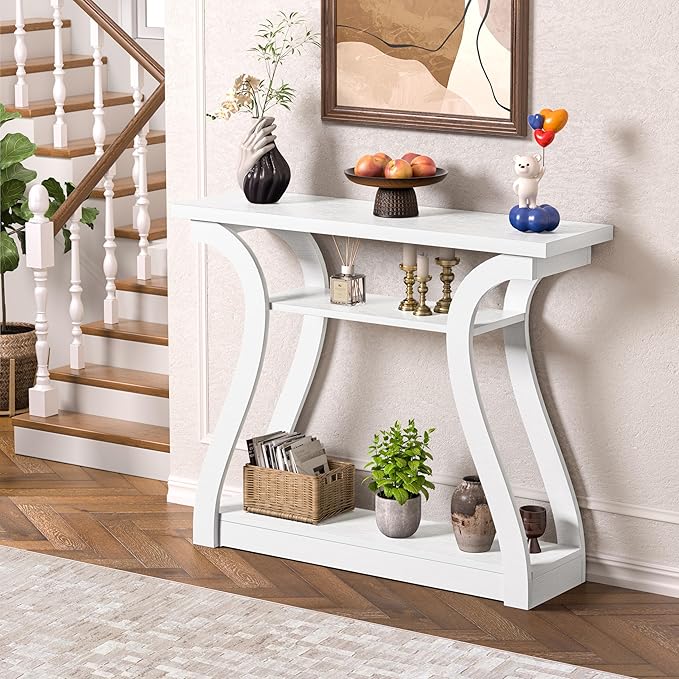 Wooden Console Table with Curved Legs and Shelf, 3-Tier Modern Accent Sofa Table for Entrance Area, Living Room, Hallway, 47 in Wide (White)