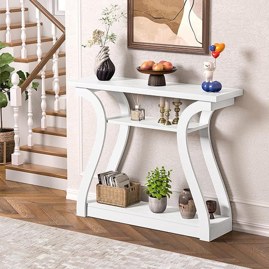 Wooden Console Table with Curved Legs and Shelf, 3-Tier Modern Accent Sofa Table for Entrance Area, Living Room, Hallway, 47 in Wide (White)