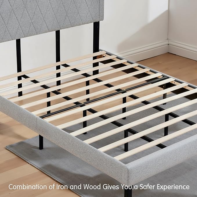 Hokway Bed Frame Upholstered Platform Bed with Headboard Wooden Slat Support No Box Spring Needed(King, Light Gray)