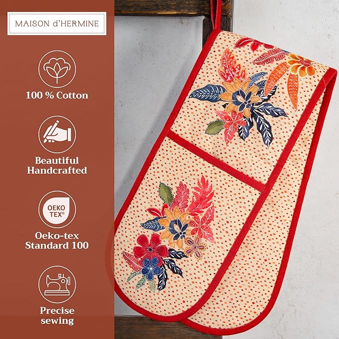 Maison d' Hermine Double Oven Mitt (7" x 35") 100% Cotton Heat Resistant BBQ Cooking Gloves with Loop for Thanksgiving Christmas Decorations Baking Cooking Barbeque Handling Hot Pan (Kalahari)