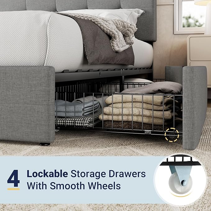 Allewie Upholstered Full Size Platform Bed Frame with 4 Storage Drawers and Headboard, Square Stitched Button Tufted, Mattress Foundation with Wooden Slats Support, No Box Spring Needed, Light Grey