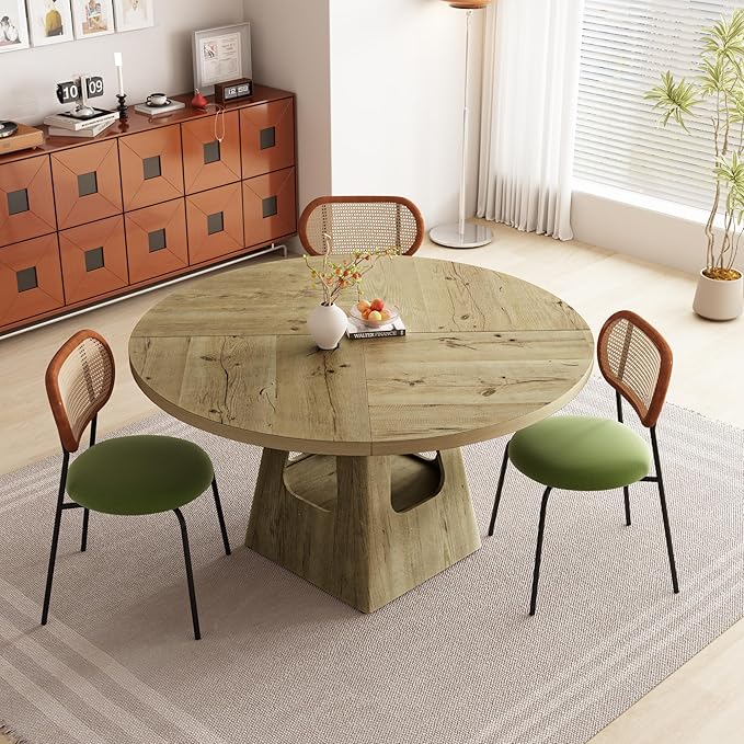 Round Dining Table for 4, Farmhouse 47 Inch Wood Dinner Tables with Storage Base for Kitchen Dining Living Room 4-6 People Gathering, Natural