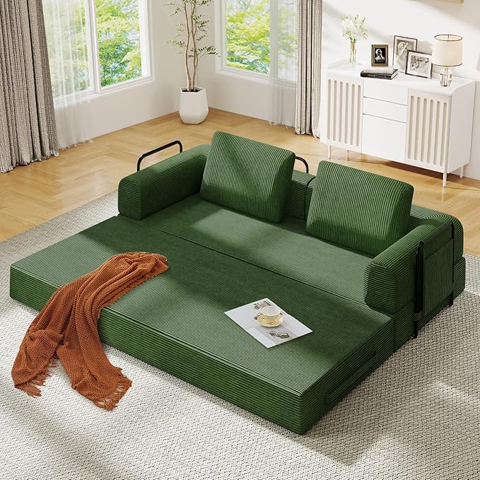 Antetek Convertible Sofa Bed, Comfy Corduroy Fluffy Love seat Sleeper Sofa, 5 in 1 Folding Couch Bed, Fold Out Floor Couch with Pillows for Bedroom, Living Room, Office, Pinstripe, Green