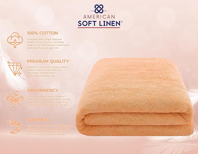 American Soft Linen Oversized Bath Sheet 40x80 Extra Large for Bathroom, 600 GSM 100% Cotton Turkish Jumbo Bathsheet Towels for Adults Malibu Peach Bath Sheet