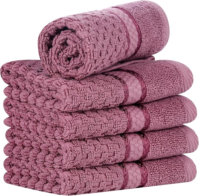 Ample Decor Grape Purple Wash Cloth Set of 5 100% Cotton - Quick Dry, Highly Absorbent, Popcorn Textured - Mulaayam Collection - 12 X 12 Inch