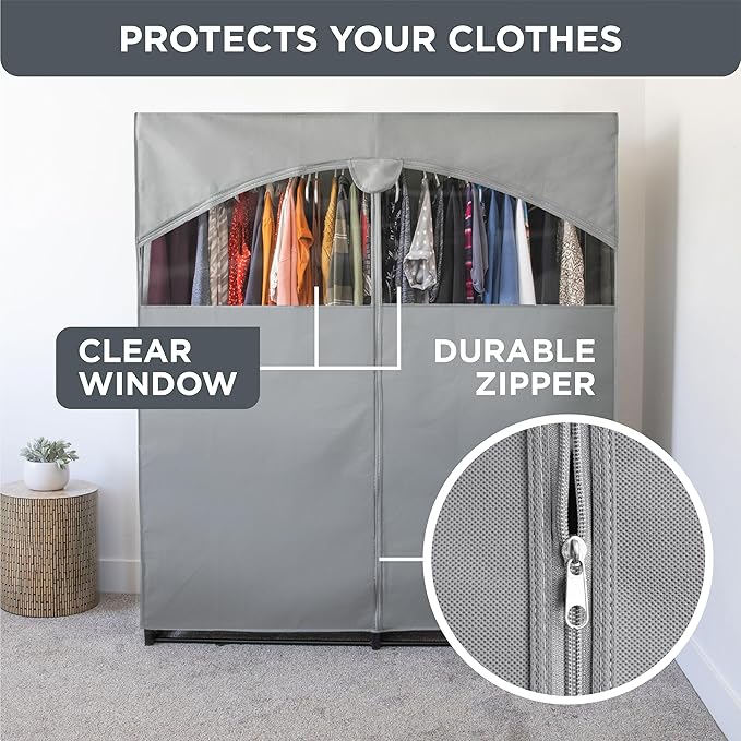 HOLDN’ STORAGE Portable Wardrobe Closet - 65 lb Large Capacity, Internal Heavy Duty Metal Rod, Zipper & Clear Window, Durable Clothes Organizer, Tool-Free Easy Assembly, Dark Gray Canvas Cover