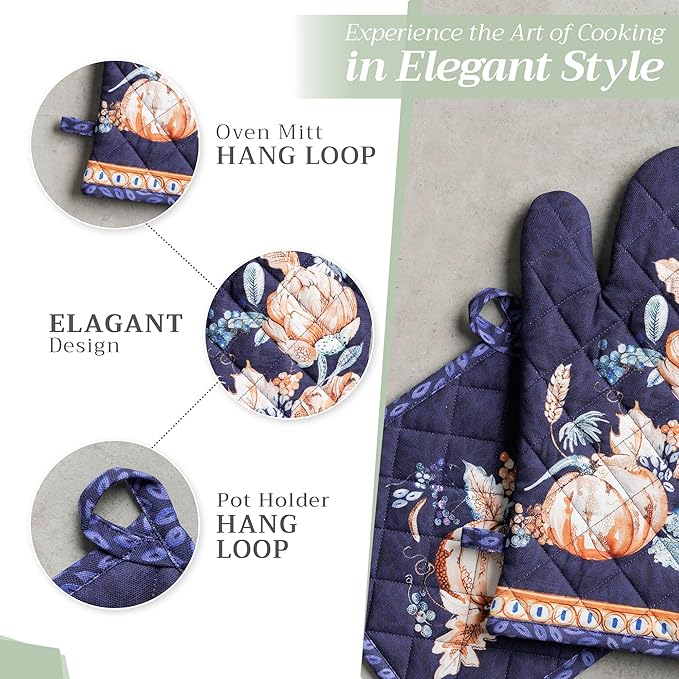 Maison d' Hermine 100% Cotton Oven Mitt & Pot Holder Set (7.5"x13" & 8"x8") Heat Resistant BBQ Cooking Gloves with Loop for Thanksgiving Christmas Decorations Handling Hot Pans (Pumpkin Blues)