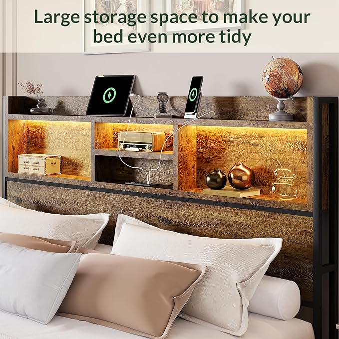 LARMACE King Size Bed Frame with 6 Storage Drawers and Headboard Wooden Platform Bed Frame with LED Lights and Charging Station Easy Assembly/No Box Spring Needed/Vintage Brown